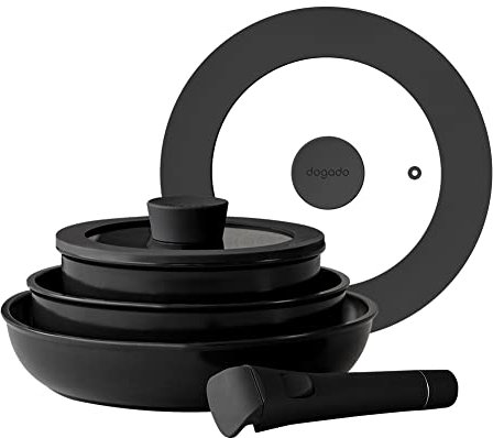 dogado Set di pentole biologiche antiaderenti in ceramica, 6 pezzi, pentole e padelle impilabili, manico rimovibile rimovibile (grigio granito)