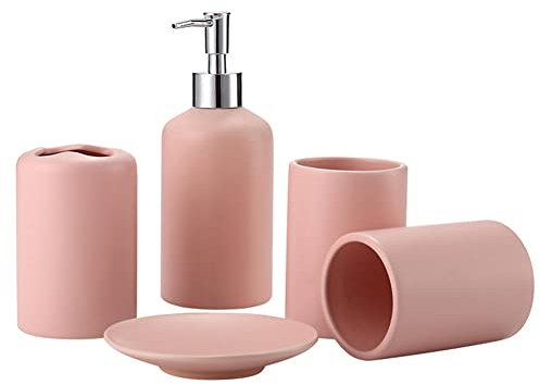 Set di 5 accessori per il bagno rosa, set da banco da bagno con dispenser di sapone, portasapone, porta spazzolino da denti, 2 bicchieri collutori
