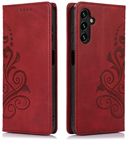 MOONESS Schutzhülle für Samsung Galaxy A14 4G / 5G (6,6 Zoll) Hülle Leder,Handyhülle für Samsung Galaxy A14 4G / 5G,Magnetisch Prägung PU Leder Tasche Case für Samsung Galaxy A14 4G / 5G - Rot