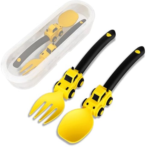 Construction Baby Cutlery - Toddler Fork and Spoon - Suitable for Kids Cutlery Set - Baby Self Feeding Spoons, Portable Toddler Fork and Spoon Set for 1 2 3 4 5 Year Old Toddlers - Yellow