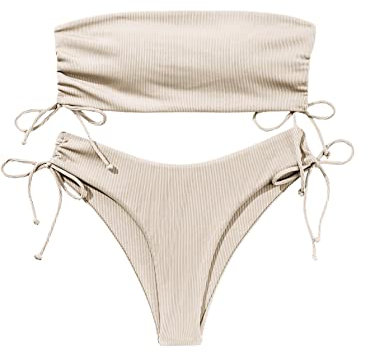 GORGLITTER Bandeau Bikini Damen Set Bikini High Waist Trägerlos Bikini Mit Kordelzug Bikini Set Einfarbig Zweiteiler Badeanzug Bademode Swimsuit Aprikosenfarben S