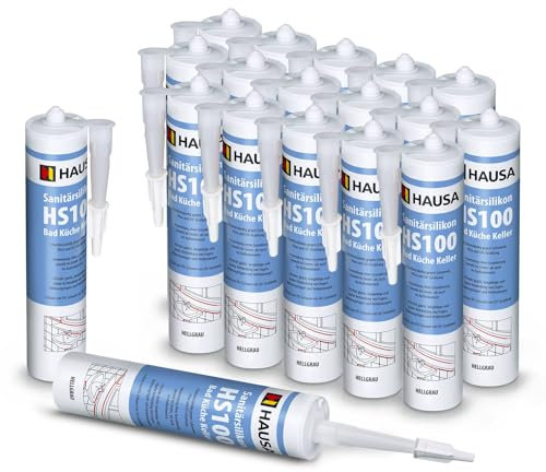 HAUSA Sanitär-Silikon HS100 Hellgrau 18x 310ml hochelastische Fugendichtmasse für Bad Dusche Küche schimmelresistenter wasserdichter Acetat Silikon-Dichtstoff in Kartusche zum Abdichten Verfugen