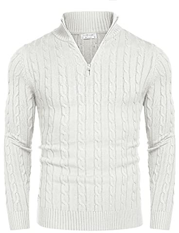 COOFANDY Herren Business Pullover Half Zip Slim Fit Feinstrick Winterpullover Sweater Zopfmuster Langarm Weiß M