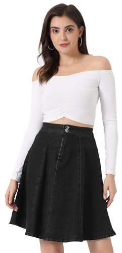 Allegra K Damen Jeansrock A-Linie Hoher Taille Plissiert Lässig Elegant Denim Rock Schwarz XL