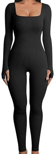Rongseng Jumpsuit Damen Langarm Quadratischer Hals Sport Jumpsuit Lang Eng Stretch Einteiler Bodycon Yoga Bodysuit Overall Gerippt Gestrickt Workout Playsuits Sportanzug Trainingsanzug Club Outfit