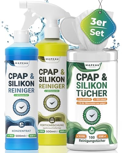 CPAP Reinigungsset, Reinigungsspray Set 500ml - Konzentrat 500ml Silikon-Reiniger, 100x Reinigungstücher CPAP, Kunststoffreiniger, Mapeau (3er Reinigungsset)