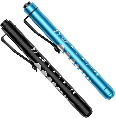 Pen Torch, RISEMART 2PCS Pen Light LED Pupil Gauge Pen Torches for Nurses Doctors Paramedic EMT Emergency Penlight Flashlight with Pocket Clip (Black and Blue)