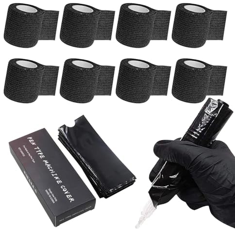 Groß Tattoo Stifttaschen mit Tattoo Griffband - PEPAX 200 Stück 6.5 * 18cm Tattoo Maschinen Abdeckungen und 8 Stück Tattoo Grip Wrap Tattoo Stift Abdeckungen Tattoo Stift Hüllen Tattoo Zubehör
