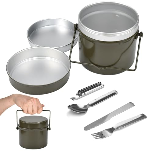 Kleemeiero Stil Bundeswehr Essgeschirr Set Hitzebeständig Camping Kochgeschirr Outdoor alu Kochgeschirr Survival Kochset Bund Besteck mit Klappbarem Henkel Essgeschirrset Essbesteck (Runden)
