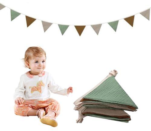 Guirlande Fanions Vert Tissu Coton pour Decoration Anniversaire Intérieur Chambre Enfant Baptême Fille Guirlande Fête Fanion Guinguette Banderole Joyeux Anniversaire