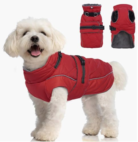 Katzinst Wintermantel Hund S, Hundemantel mit Geschirr und Reflektierenden Streifen, Fleece Hundemantel für Kleine Hunde, Warmer Mantel für Hund Zwergschnauzer, Rot, S