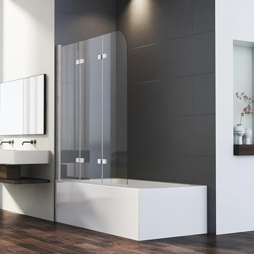 Goezes Duschwand für Badewanne 3-teilig 120x140cm Weiß Duschabtrennung, Faltbar Glas Duschtrennwand aus 6mm ESG Sicherheitsglas mit Nano beschichtung, Weiß Badewannenaufsatz Trennwand