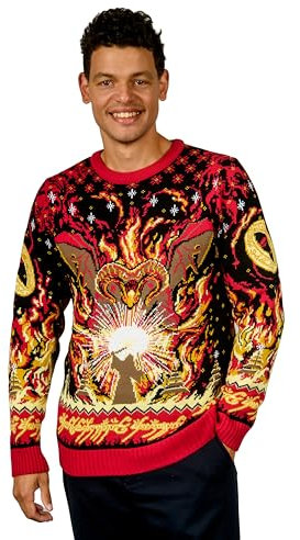 Herr der Ringe Balrog Weihnachtspullover Geschenk für Damen und Herren, Rot, Gold, Gelb, Schwarz, 3XL