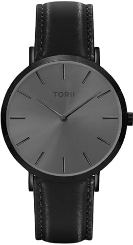 TORII Unisex-Uhr Grau Edelstahl - rund Quarz B38BL.AB Lederarmband Strichindizes wasserdicht 50 m
