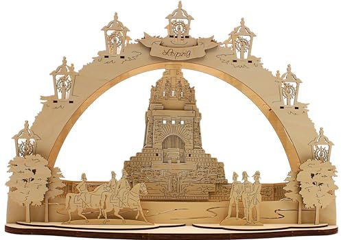 Dekohelden24 Völkerschlachtdenkmal - Lichterbogen, Schwippbogen, Schwibbogen - Leuchterbogen mit LED- Beleuchtung, 10-flammig, Motiv: Völkerschlachtdenkmal, L/B/H 43 x 30 x 12 cm. - Made in Germany -