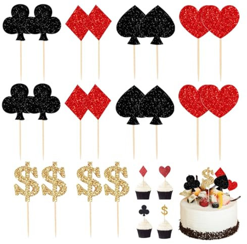 Poker CupcakeTopper, 18 Stück Kuchen Topper Spielkarten Poker, Casino Kuchen Topper, Poker Kuchendeckel Kuchendeko, Kuchendeckel mit Kreuz Herz Pik Karo, Geburtstag Kuchendeko Zubehör, schwarz rot