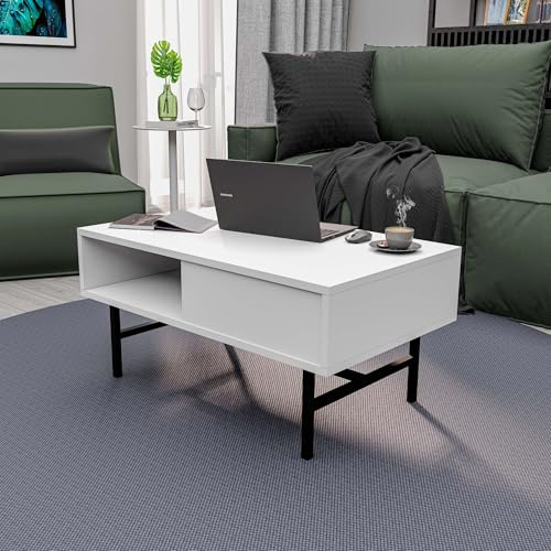 Modern White Coffee Table, 90 x 54 x 39.6 cm, 100% Melamine Coated Chipboard & Metal, Stylish Design for Living Room & Home Decor