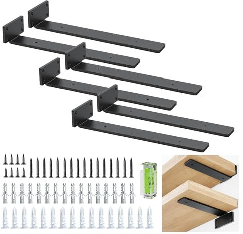 Soportes Flotantes para Estantes de Metal Negro - 30 cm de Largo con Tornillos Incluidos, Diseño Moderno y Resistente (Capacidad 200 lb) - Soportes de Pared para Cocina, Biblioteca y Baño