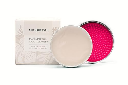 Limpiador de brochas de maquillaje sólido Miobrush – Limpiador de brochas de maquillaje con aceite de coco, esponja exfoliante integrada, compacto de viaje – 50 g