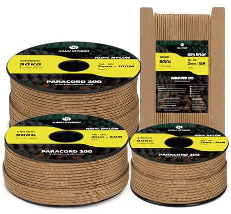 Kamu Synber Paracord 2mm 15M 100% Nylon 3 Fili Tipo I Corda Paracadute per Artigianato, Esterno, Fatto a Mano | Supporto 90kg | Marrone Coyote