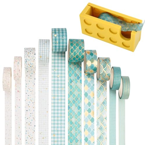 10 Rollen Washi Tape Set, Masking Tapes Dekoratives Klebeband Bunt, DIY Papier Tape mit Klebebandspender, Goldene Foliendruck für Kunst, DIY Handwerk, Tagebuch, Hobel, Sammelalbum, Verpackung