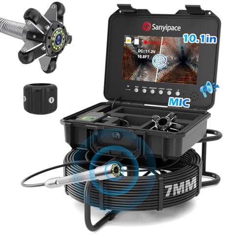 Sewer Camera 50M, Sanyipace Drain Camera with Self-Leveling and Distance Counter, Industrial Endoscope with DVR & Audio Recorder, 5X Zoom, IP68 Waterproof 23mm Endoscope, 7mm Cable, 32GB TF Card