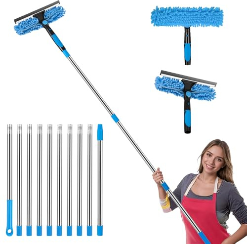 4 Meters Window Squeegee Cleaning Equipment, 2 in 1 Glass Cleaning Tool with Long Handle, Extendable Window Cleaning Kit with Squeegee and Microfiber Cloth, for Indoor/Outdoor Wall, Glass (Blue)