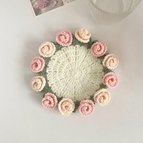 Pessrrtewg Handmade Wool Rose Bouquet Coasters Crochet Coaster Set Braided Flower Unique Decor Coasters for Home Gift
