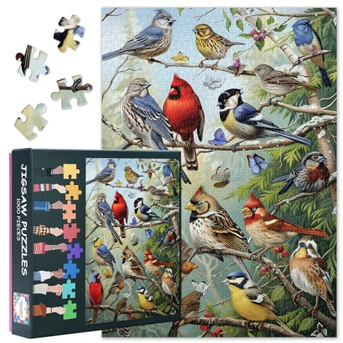 Puzzle de colonie d'oiseaux 1000 pièces pour adultes – Cardinaux et oiseaux d'arbres, motif naturel, puzzle de qualité supérieure aux couleurs intenses 70 x 50 cm