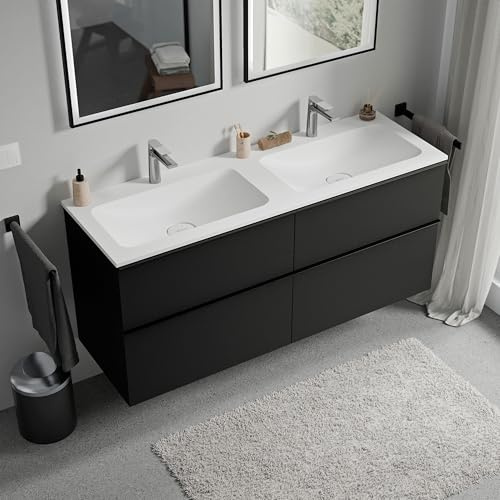 BERNSTEIN - Hängendes Badezimmer-Waschtischmöbel MDF Mattschwarz, Mineralguss-Waschbecken Weiß matt + Hahnloch, Chrom-Metallgriff - 120x46x62cm - LAVOA