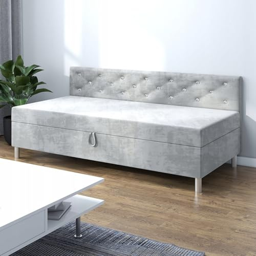 TAPCZANY24 - Boxspringbett Princess+, Bett mit Matratze 85 cm Breite | Polsterbett mit Bettkasten, Taschenfederkernmatratze, Einzel Bed mit Veloursbezug, Komfortabel Bette - Hellgrauer Velours