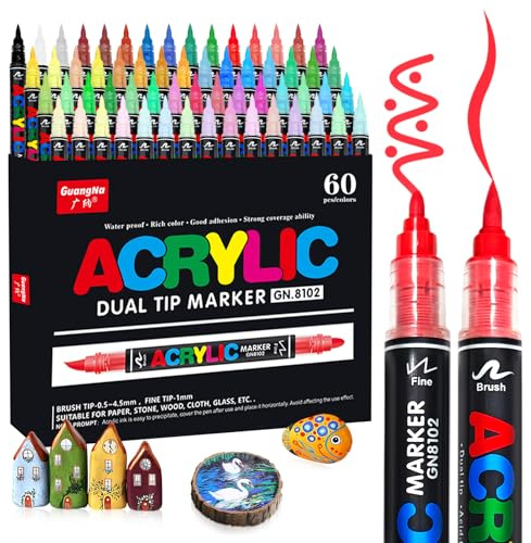 Vakki 60 Acrylstifte für steine wasserfest, Doppelspitze Acrylmarker, Acrylic marker Acrylmarker Set Perfekt für Steine Bemalen, Glas, Holz, Keramik, Metall & Leinwand