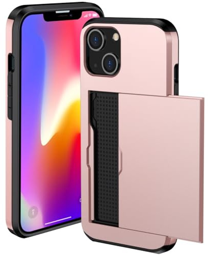 JYNCHDZ for iPhone 13 Case with Card Holder Shockproof Hard PC Shell Soft TPU Bumper Heavy Duty Protection Slim Fit Anti-Drop Armor Cover for iPhone 13, Rose Gold