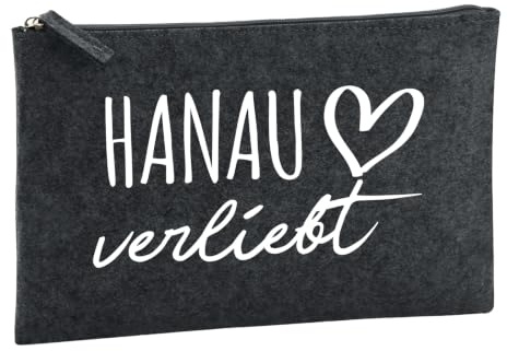 Huuraa Kulturbeutel Hanau verliebt Geschenk | Reise Kulturtasche 1 Liter Schminktasche Charcoal Filz Dunkelgrauer Kosmetiktasche Geschenkidee Kosmetikbeutel