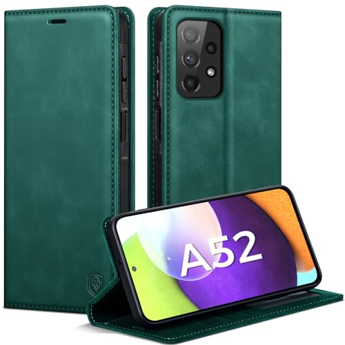 AIMOYU Handyhülle für Samsung Galaxy A52/A52S 5G/4G Hülle, Premium Lederhülle Flip Case Magnet Tascher Kartenfach Standfunktion Klapphülle Schutzhülle für Samsung A52/A52S, Blau Grün