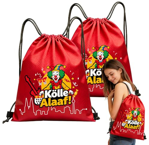 MooDvsaWw 2 Stück Karneval Turnbeutel Rucksack Kölsche Tasche Kölle Alaaf | Kölner Karneval-Accessoires, Fasching-Sportbeutel, Kostümzubehör Rot-Weiß mit Clownmotiven für Damen