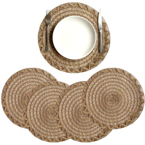Set di 4 tovagliette intrecciate in juta, lavabili, reversibili, rotonde, sottobicchieri per decorazione, cucina e tavolo da pranzo, 39 cm