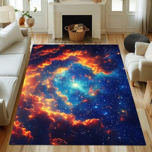 RICAUOU Galaxie Teppich, 180x260cm Blauer Sternenhimmel Weltraumnebel Teppich, Fußmatte, Spielmatte, Kosmisches Universum für Gamerzimmer Dekoration, rutschfeste, Waschbare Teppiche