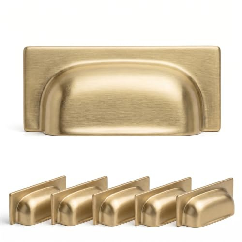 Decoranddecor Tala Square Cup Handles 64mm, Gold, 6 Pack | Square Cup Pull Handle, Shaker Style Shell Design, Kitchen Cupboard & Drawer Hardware, Solid Zinc Alloy, Screws Included