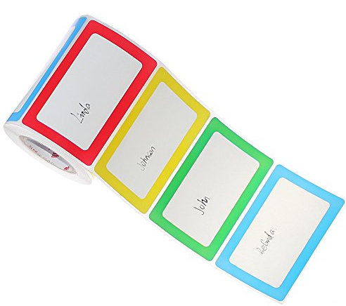 Belinlen Colorful Plain Name Tag Labels - Size 89mmx57mm, 1 Roll/300 Stickers (4 Colours) , Sticky Labels for Clothes, Office and School