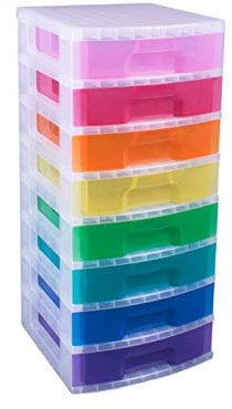 Really Useful Plastic Storage Box Storage Tower 8x9.5 Litre Clear Frame with Rainbow Drawers