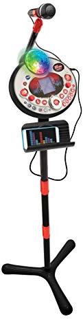 VTech - Kidi Superstar LightShow Noir, Micro sur Pied 8 en 1, Microphone Karaoké Enfant avec Boule Disco, Apprentissage du Chant et Jeux, Cadeau Enfant Dès 5 Ans - Contenu en Français
