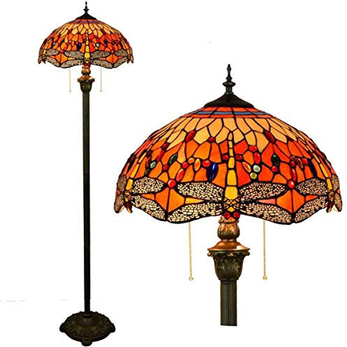 GDLight Tiffany Style Stehleuchte Vintage Glasmalerei Red Dragonfly 2 Light Stehleuchte mit Zugkette für Schlafzimmer Wohnzimmer Lesen, 63 Zoll groß