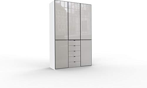WIEMANN Montreal Kleiderschrank, Schlafzimmerschrank, Drehtürenschrank, mit Schubladen, Breite 150 cm, 3 türig, weiß, Glas Kieselgrau, Griffe schwarz, B/H/T 150x236x58 cm
