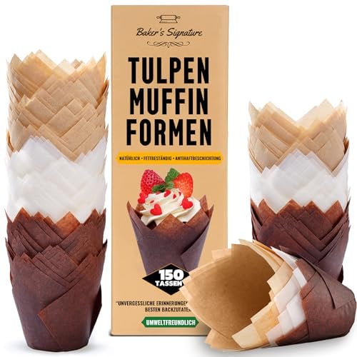 Moldes Magdalenas Tulipán, 150 Pzas – Blancas, Beige y Marrones, Muffins Moldes Desechables – Papel Cupcakes para Hogar y Eventos – Fáciles de Quitar por Baker's Signature