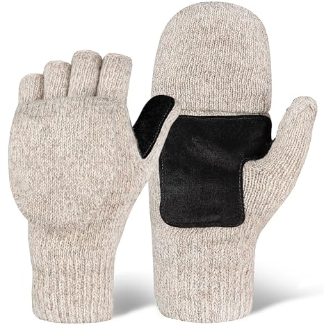 OutdoorEssentials Fingerlose Winterhandschuhe, wandelbare Fäustlinge für Damen und Herren, warme Strick-Fäustlinge aus Wolle, Cremeweiß, Large
