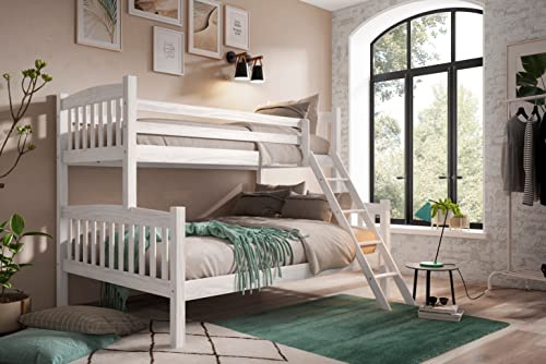 Vep Home Letto a Castello Triplo per Bambini in Legno Massello - 151x205x156 cm - Reti Incluse - Scala Rimovibile - Design con Letti Estraibili per Uso Singolo - Colore Bianco Decapato