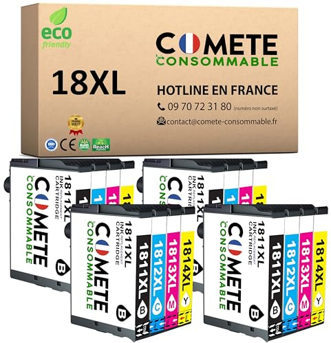 COMETE, Marca Francesa - 18XL - 16 Cartuchos de Tinta Compatibles con Epson 18 XL T1811 / T1812 / T1813 / T1814 para Epson Expression Home XP-100 XP-102 XP-200 XP-202 XP-205-4 Negro y 12 Color