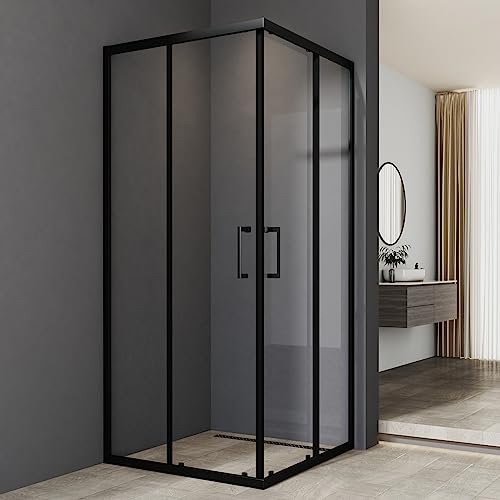 Duschkabine Eckeinstieg 90x90cm Schiebetür 6mm ESG Glas Matt Schwarz Duschabtrennung Duschwand Höhe 185cm