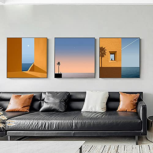 Posterdruck Einfache und moderne nordische japanische koreanische Morandi orange Gebäude Meer Licht Luxus Zimmer Dekor Malerei 20x20cm (8x8in) x3 Rahmenlos